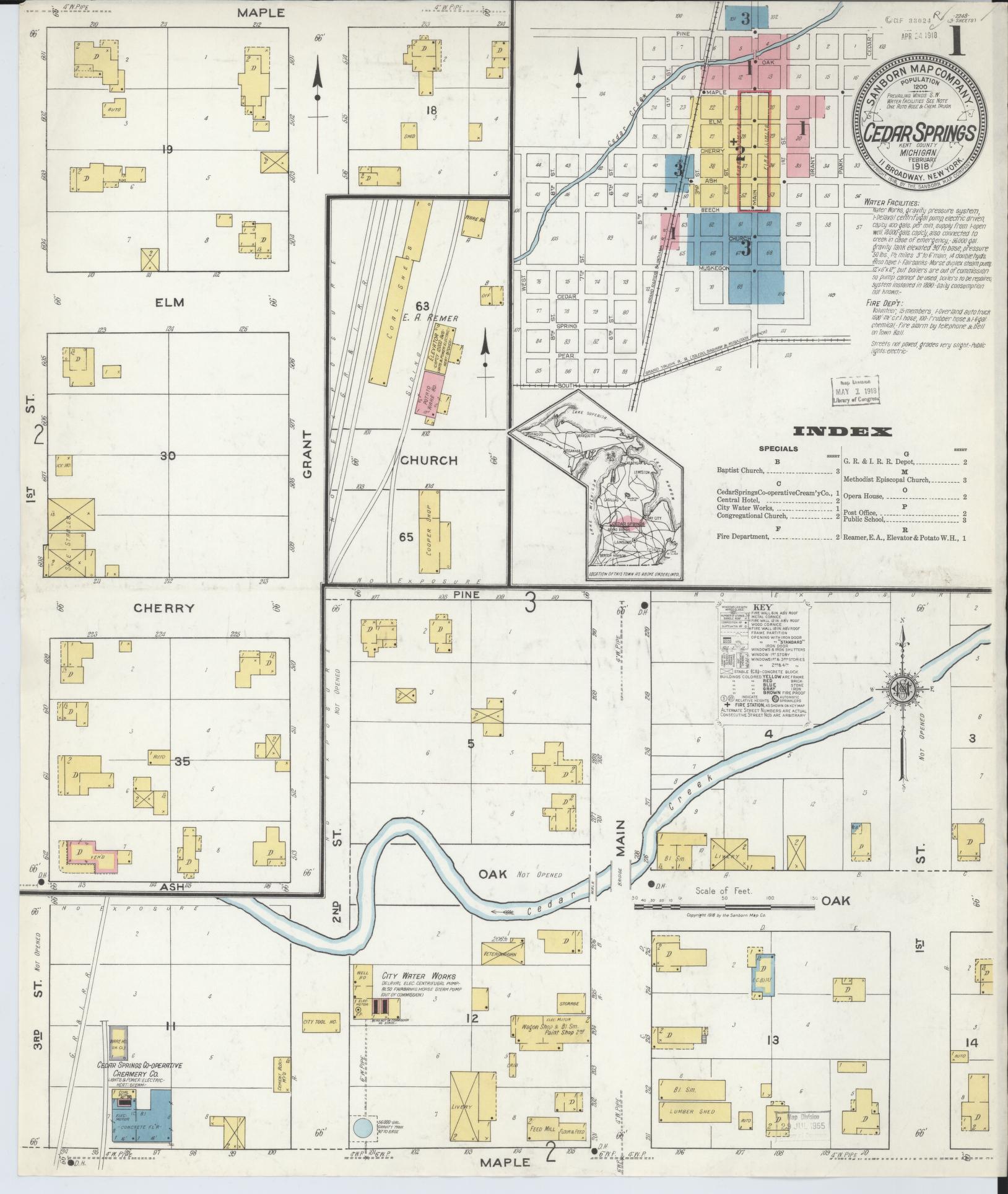 Sanborn Fire Insurance Map from Cedar Springs, Kent County, Michigan (1918), Sheet #0001 - Historic Sanborn Fire Insurance Map Print, vintage old map wall art, antique decor, genealogy gift, Michigan Michigan map