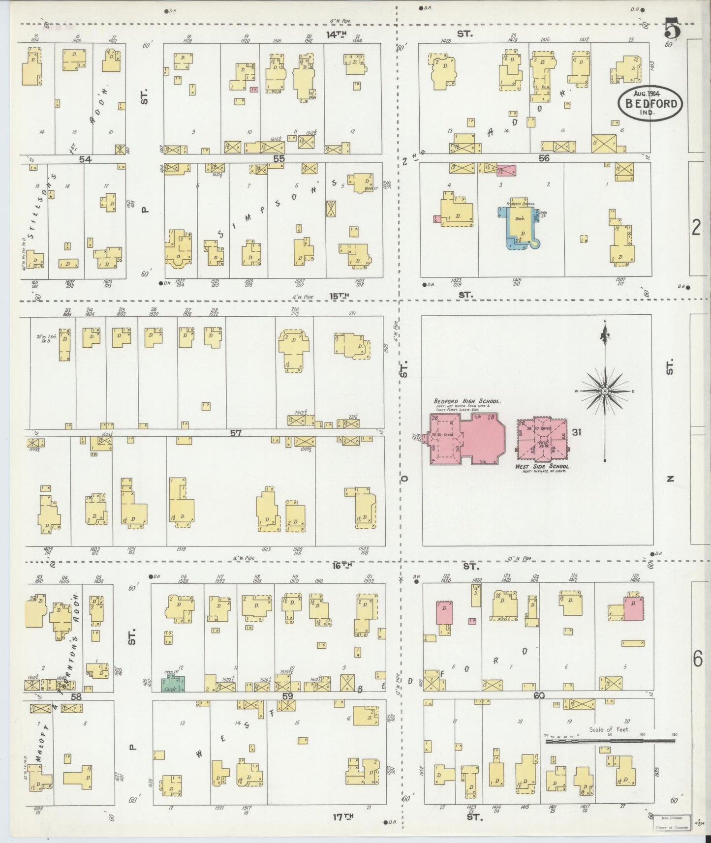 Sanborn Fire Insurance Map from Bedford, Lawrence County, Indiana (1904), Sheet #0005 - Complete Map Set gallery image, historic Sanborn map, vintage wall art, Indiana Indiana