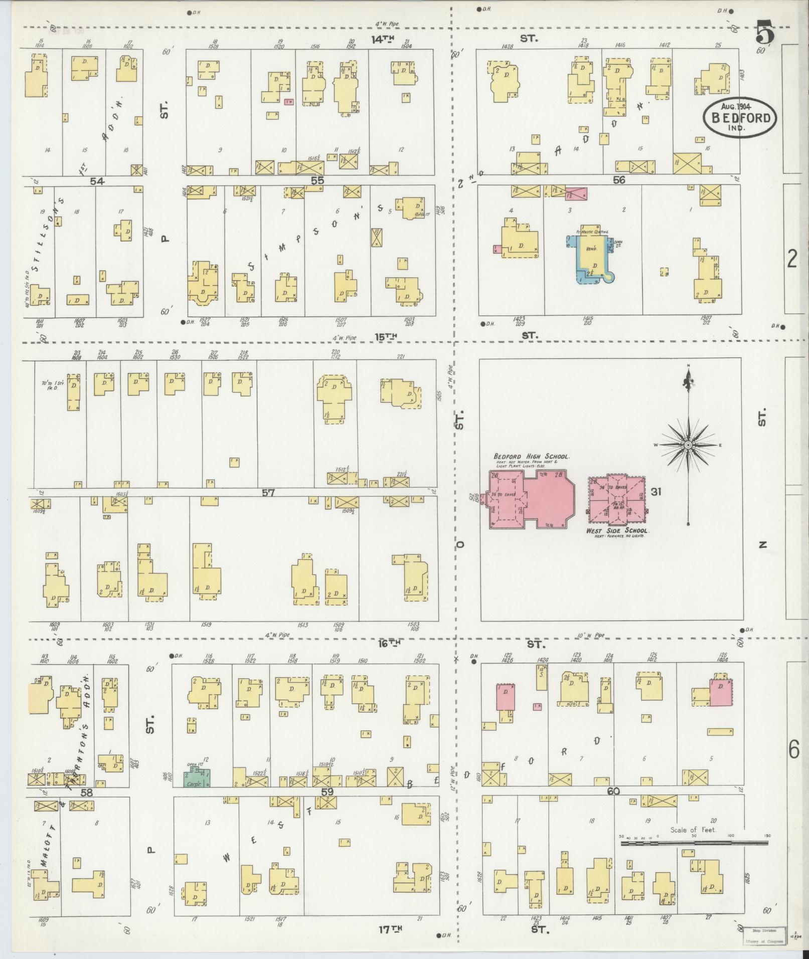 Sanborn Fire Insurance Map from Bedford, Lawrence County, Indiana (1904), Sheet #0005 - Complete Map Set gallery image, historic Sanborn map, vintage wall art, Indiana Indiana