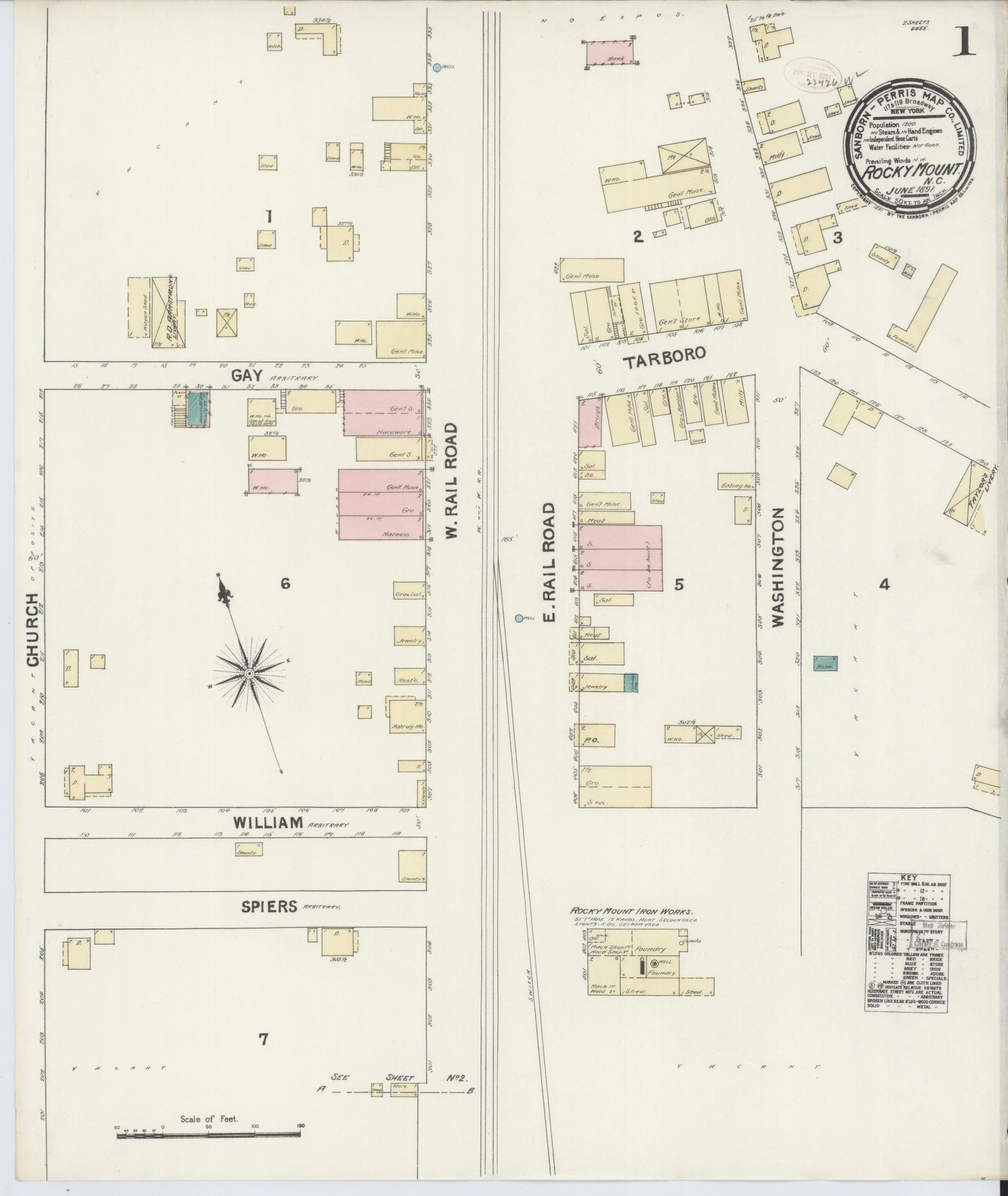 Sanborn Fire Insurance Map from Rocky Mount, Edgecombe And Nash Counties, North Carolina (1891), Sheet #0001 - Historic Sanborn Fire Insurance Map Print, vintage old map wall art, antique decor, genealogy gift, North Carolina North Carolina map