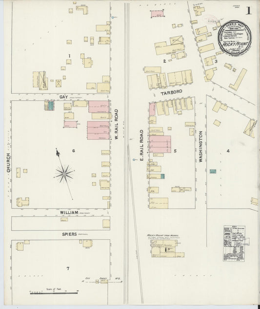 Sanborn Fire Insurance Map from Rocky Mount, Edgecombe And Nash Counties, North Carolina (1891), Sheet #0001 - Historic Sanborn Fire Insurance Map Print, vintage old map wall art, antique decor, genealogy gift, North Carolina North Carolina map