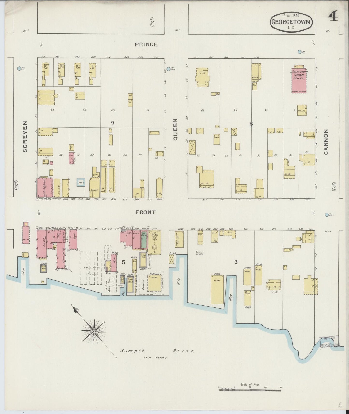 Sanborn Fire Insurance Map from Georgetown, Georgetown County, South Carolina (1894), Sheet #0004 - Historic Sanborn Fire Insurance Map Print, vintage old map wall art, antique decor, genealogy gift, South Carolina South Carolina map