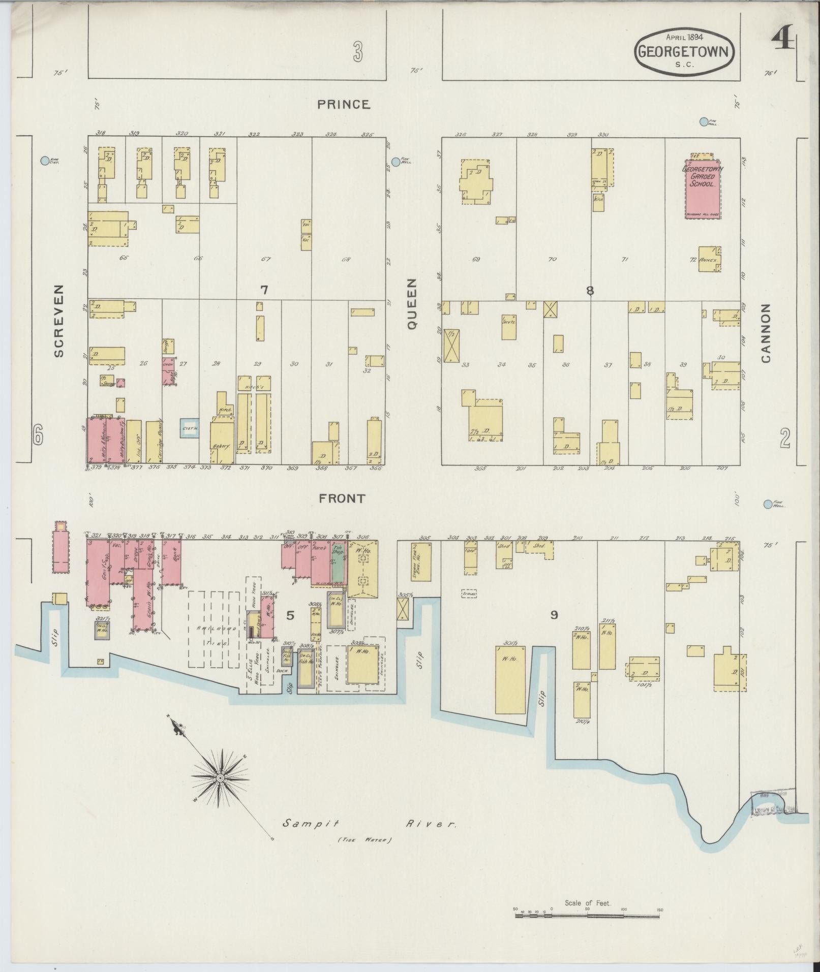 Sanborn Fire Insurance Map from Georgetown, Georgetown County, South Carolina (1894), Sheet #0004 - Historic Sanborn Fire Insurance Map Print, vintage old map wall art, antique decor, genealogy gift, South Carolina South Carolina map