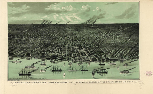 Birds eye view--showing about three miles square--of the central portion of the city of Detroit, Michigan. (1889) – Historic Bird’s-Eye View Panorama Print