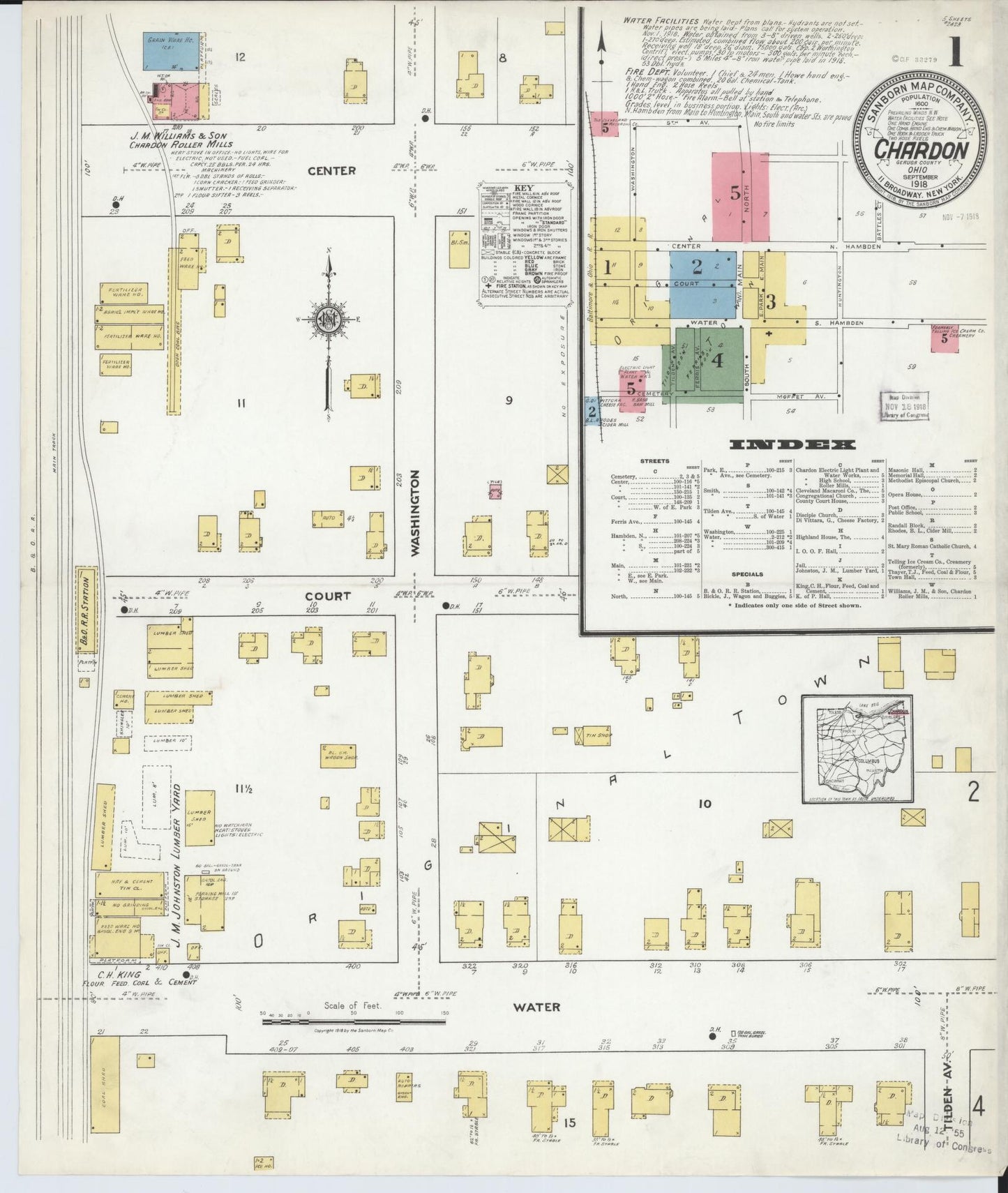 Sanborn Fire Insurance Map from Chardon, Geauga County, Ohio (1918), Sheet #0001 - Historic Sanborn Fire Insurance Map Print, vintage old map wall art, antique decor, genealogy gift, Ohio Ohio map