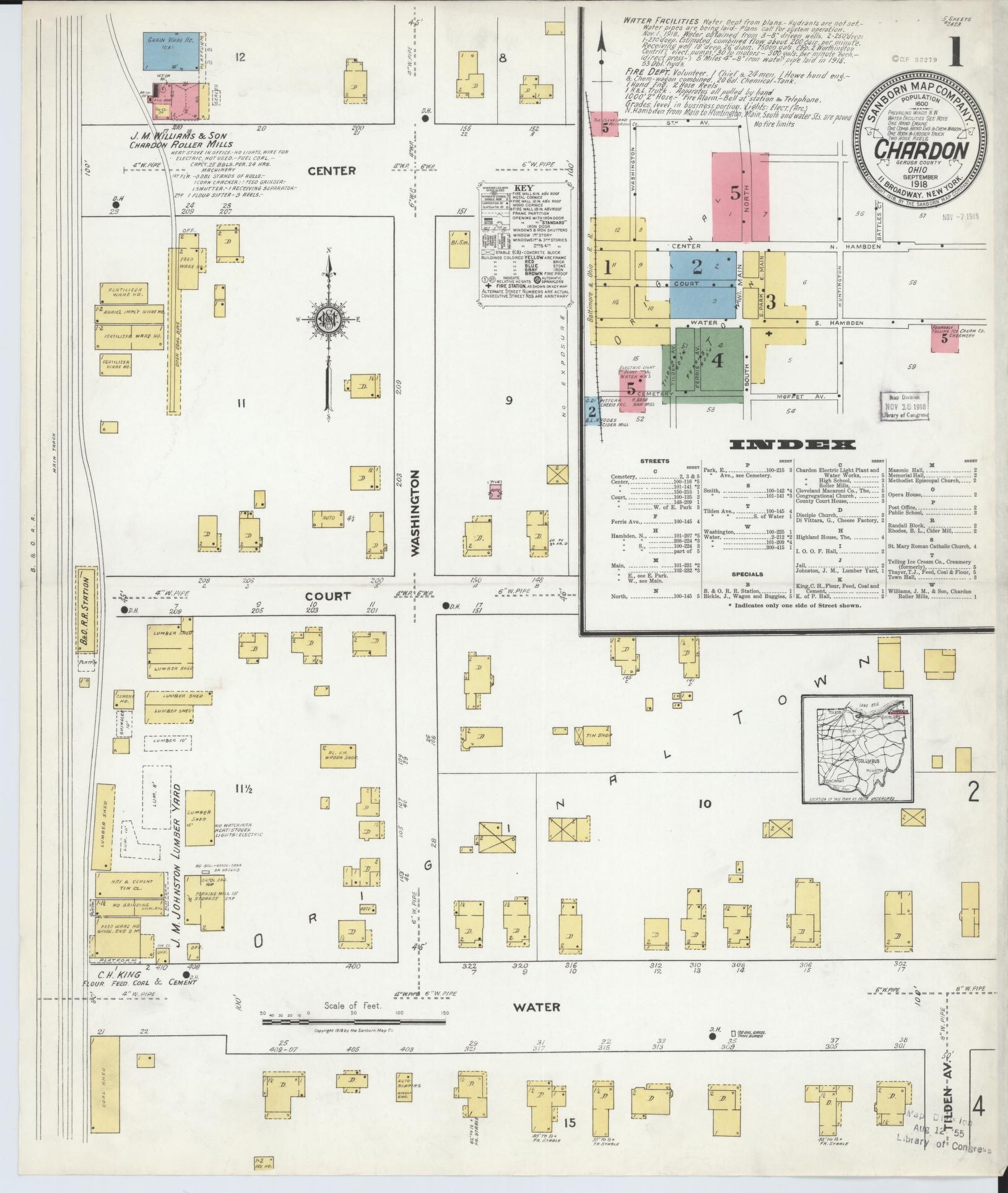 Sanborn Fire Insurance Map from Chardon, Geauga County, Ohio (1918), Sheet #0001 - Historic Sanborn Fire Insurance Map Print, vintage old map wall art, antique decor, genealogy gift, Ohio Ohio map