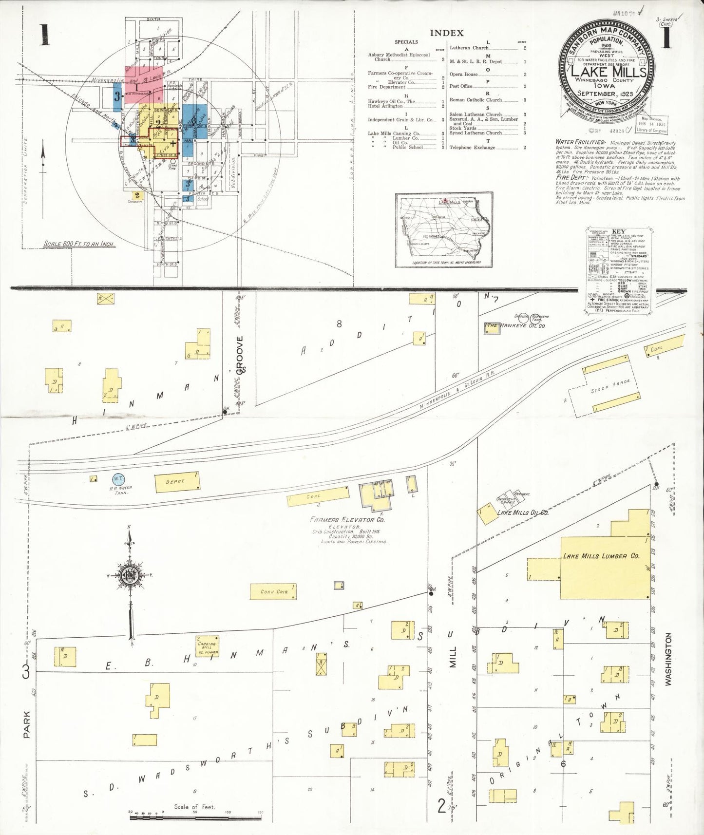 Sanborn Fire Insurance Map from Lake Mills, Winnebago County, Iowa (1923), Sheet #0001 - Historic Sanborn Fire Insurance Map Print, vintage old map wall art
