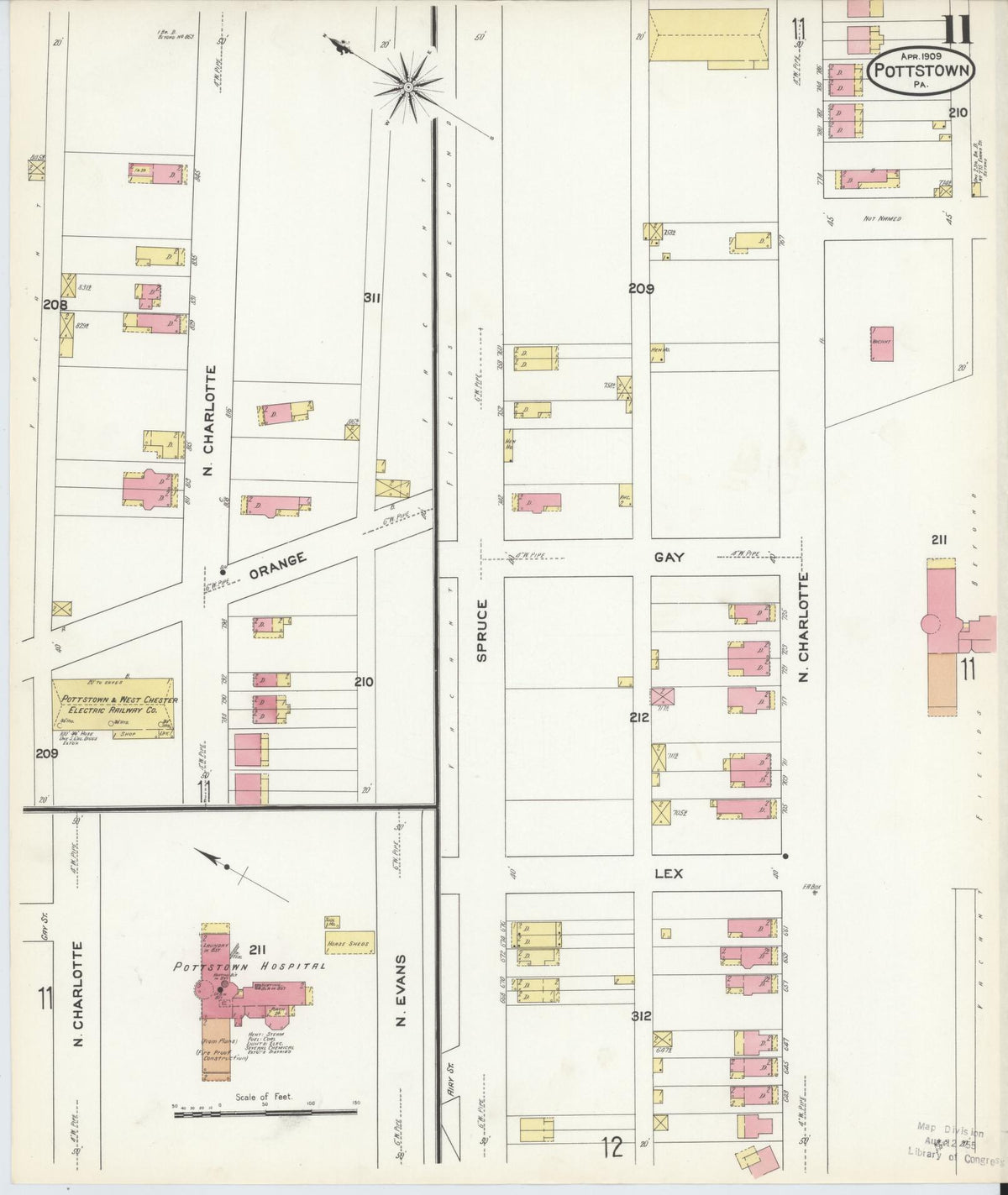 Sanborn Fire Insurance Map from Pottstown, Montgomery County, Pennsylvania (1909), Sheet #0011 - Historic Sanborn Fire Insurance Map Print, vintage old map wall art, antique decor, genealogy gift, Pennsylvania Pennsylvania map