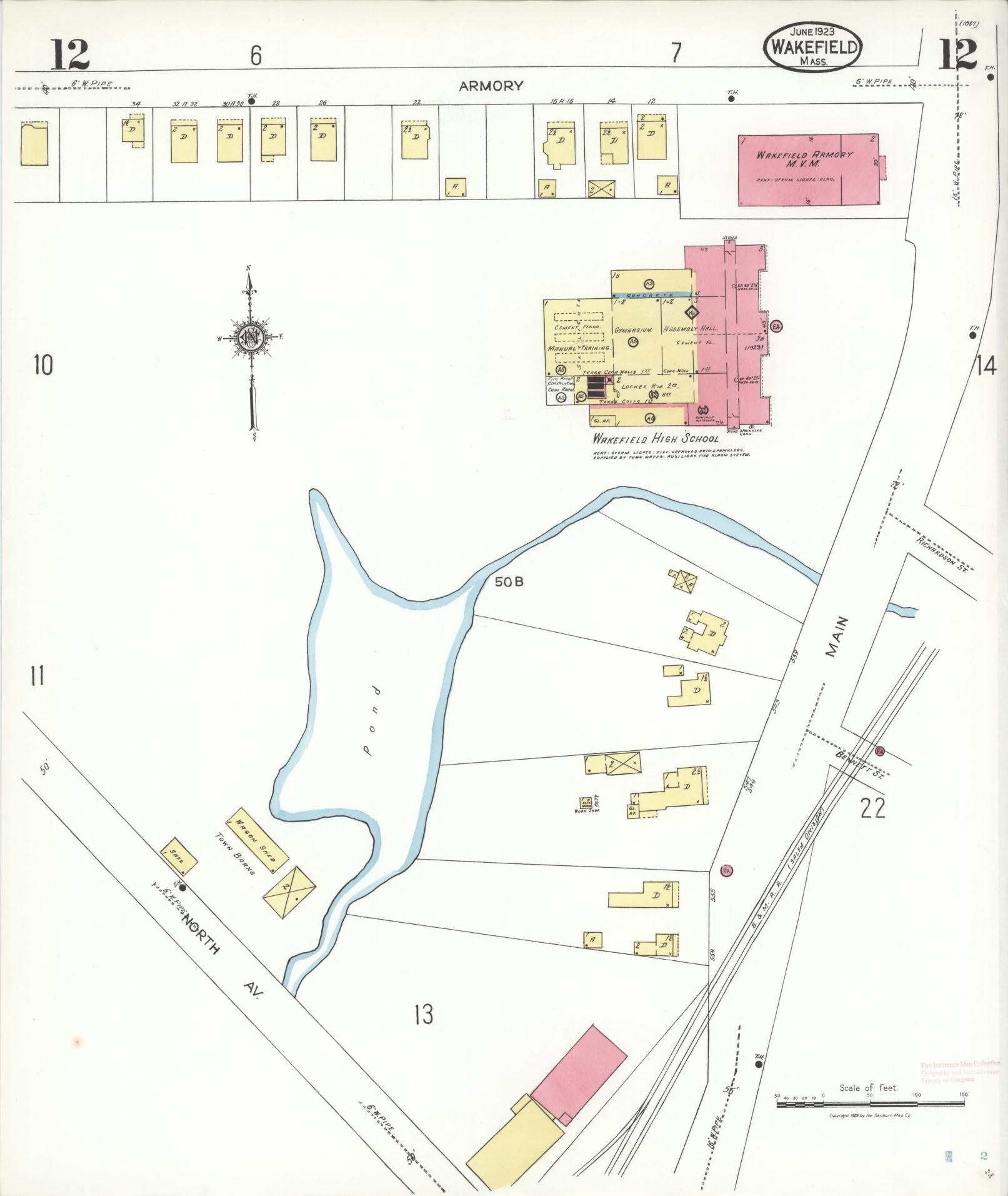 Sanborn Fire Insurance Map from Wakefield, Middlesex County, Massachusetts (1923), Sheet #0012 - Complete Map Set gallery image, historic Sanborn map, vintage wall art, Massachusetts Massachusetts
