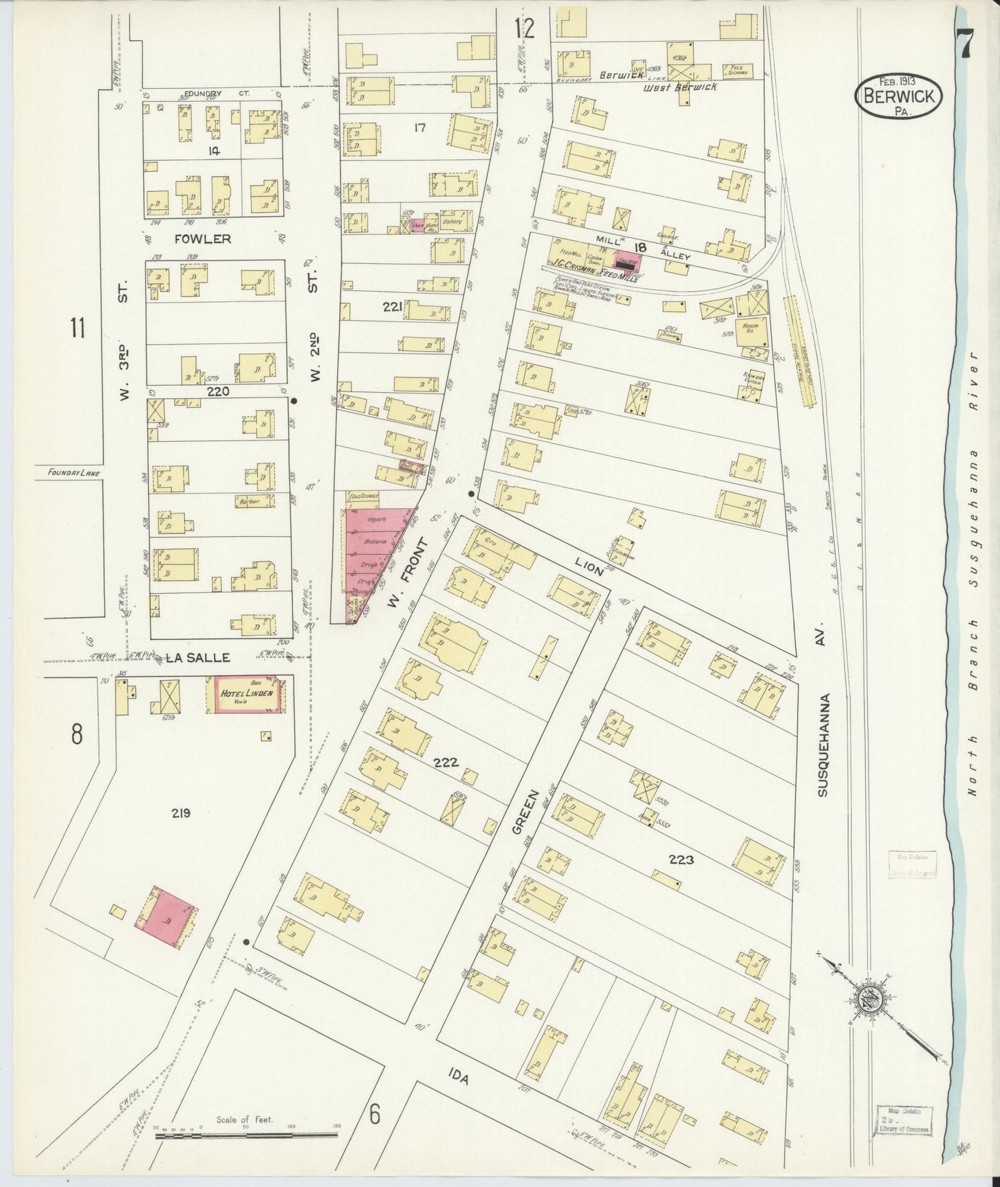 Sanborn Fire Insurance Map from Berwick, Columbia County, Pennsylvania (1913), Sheet #0007 - Historic Sanborn Fire Insurance Map Print, vintage old map wall art, antique decor, genealogy gift, Pennsylvania Pennsylvania map