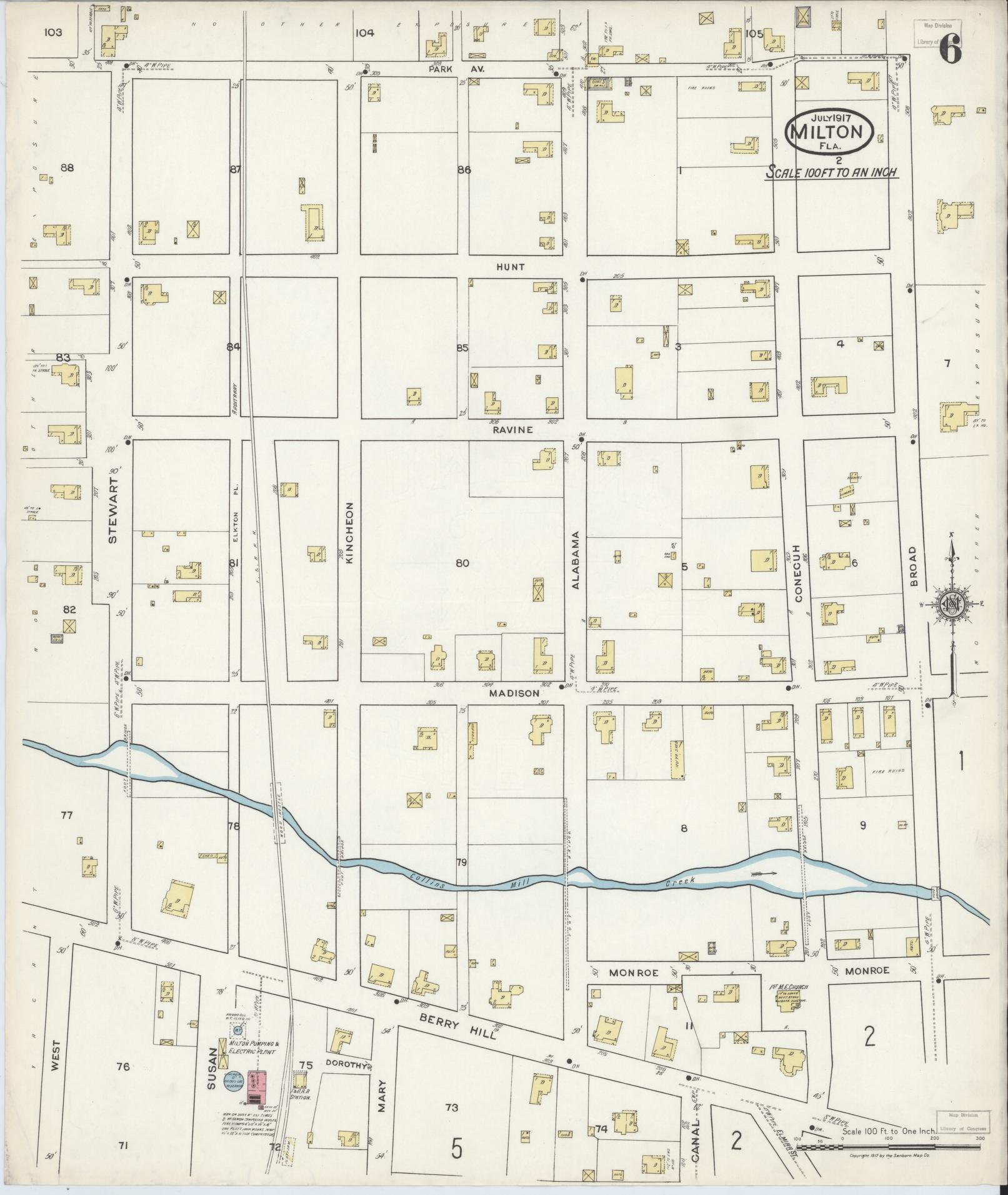 Sanborn Fire Insurance Map from Milton, Santa Rosa County, Florida (1917), Sheet #0006 - Historic Sanborn Fire Insurance Map Print, vintage old map wall art, antique decor, genealogy gift, Florida Florida map