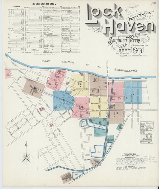 Sanborn Fire Insurance Map from Lock Haven, Clinton County, Pennsylvania (1891), Sheet #0001 - Historic Sanborn Fire Insurance Map Print, vintage old map wall art, antique decor, genealogy gift, Pennsylvania Pennsylvania map