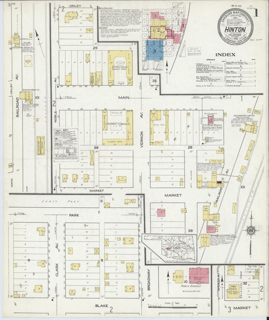 Sanborn Fire Insurance Map from Hinton, Caddo County, Oklahoma (1916), Sheet #0001 - Historic Sanborn Fire Insurance Map Print, vintage old map wall art, antique decor, genealogy gift, Oklahoma Oklahoma map