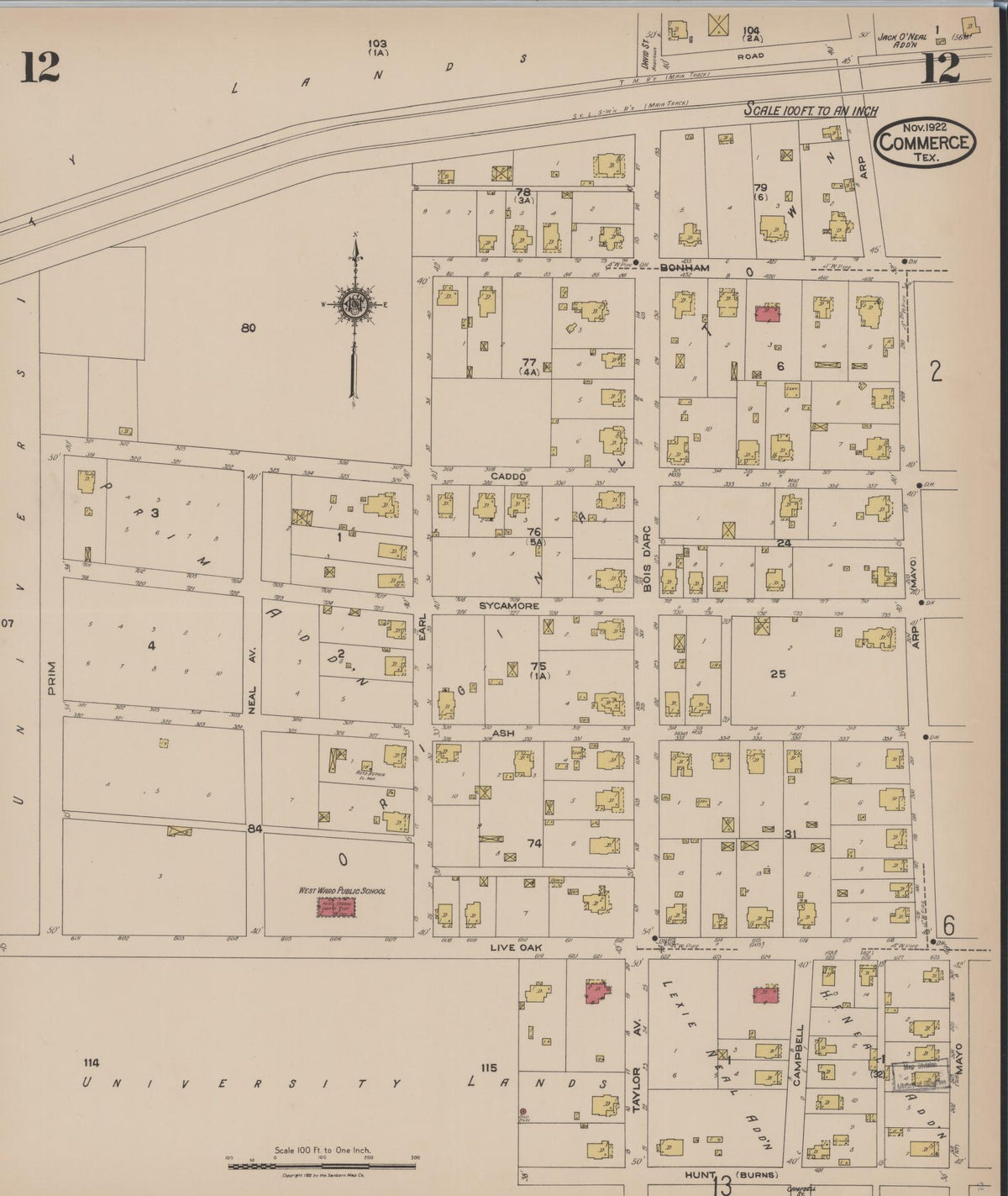 Sanborn Fire Insurance Map from Commerce, Hunt County, Texas (1922), Sheet #0012 - Historic Sanborn Fire Insurance Map Print, vintage old map wall art, antique decor, genealogy gift, Texas Texas map