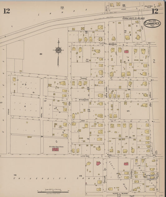 Sanborn Fire Insurance Map from Commerce, Hunt County, Texas (1922), Sheet #0012 - Historic Sanborn Fire Insurance Map Print, vintage old map wall art, antique decor, genealogy gift, Texas Texas map