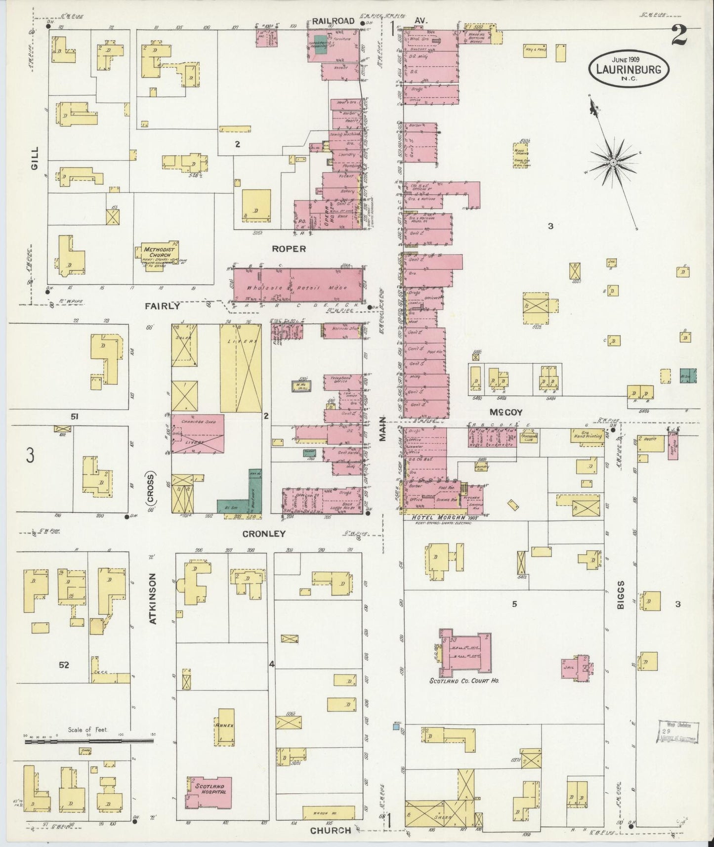 Sanborn Fire Insurance Map from Laurinburg, Scotland County, North Carolina (1909), Sheet #0002 - Historic Sanborn Fire Insurance Map Print, vintage old map wall art, antique decor, genealogy gift, North Carolina North Carolina map