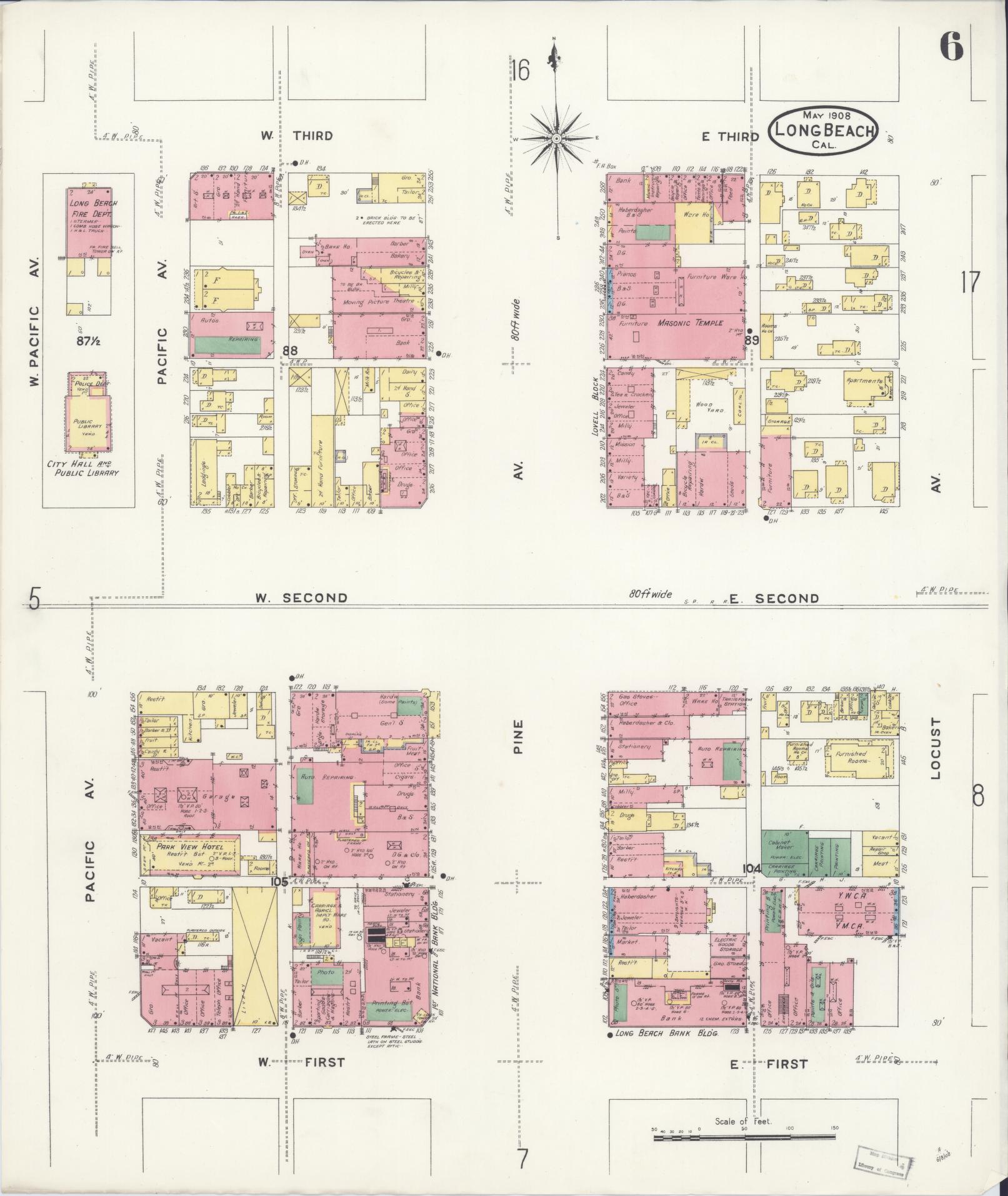 Sanborn Fire Insurance Map from Long Beach, Los Angeles County, California (1908), Sheet #0006 - Historic Sanborn Fire Insurance Map Print, vintage old map wall art, antique decor, genealogy gift, California California map