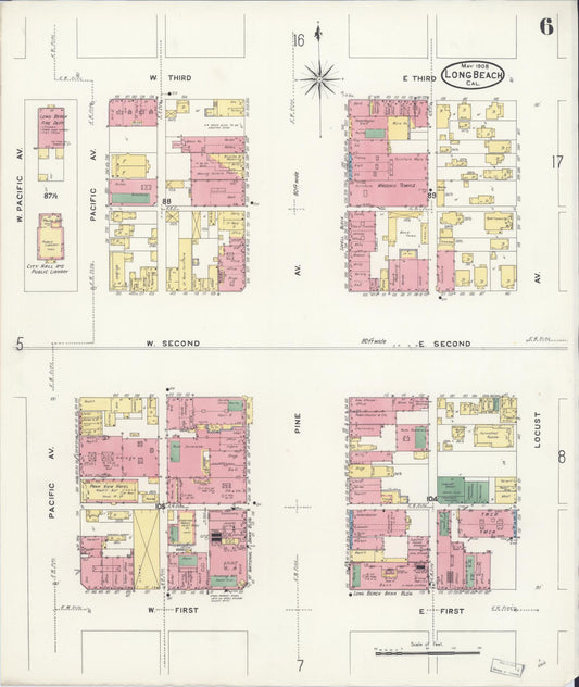 Sanborn Fire Insurance Map from Long Beach, Los Angeles County, California (1908), Sheet #0006 - Historic Sanborn Fire Insurance Map Print, vintage old map wall art, antique decor, genealogy gift, California California map