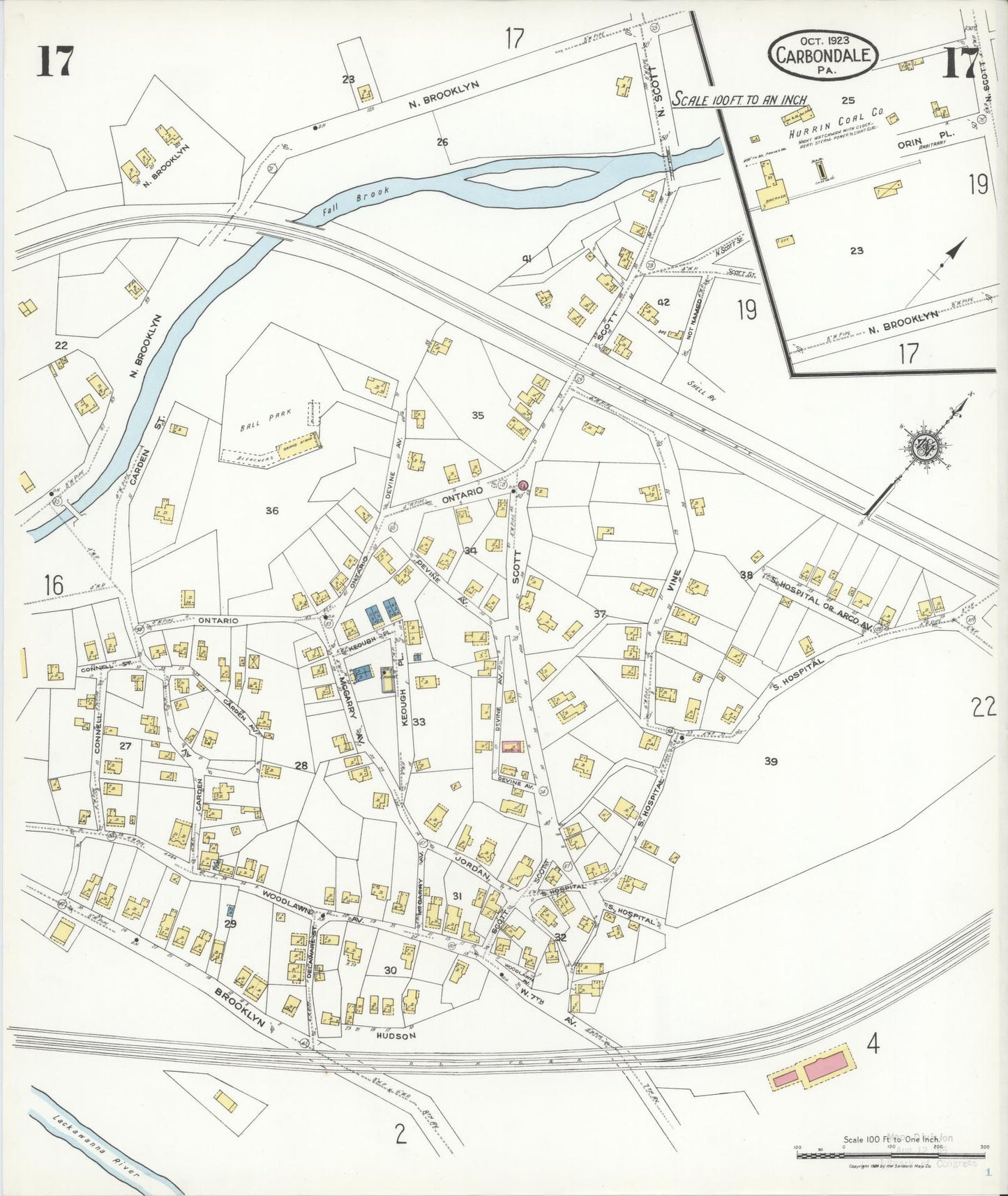 Sanborn Fire Insurance Map from Carbondale, Lackawanna County, Pennsylvania (1923), Sheet #0017 - Historic Sanborn Fire Insurance Map Print, vintage old map wall art, antique decor, genealogy gift, Pennsylvania Pennsylvania map