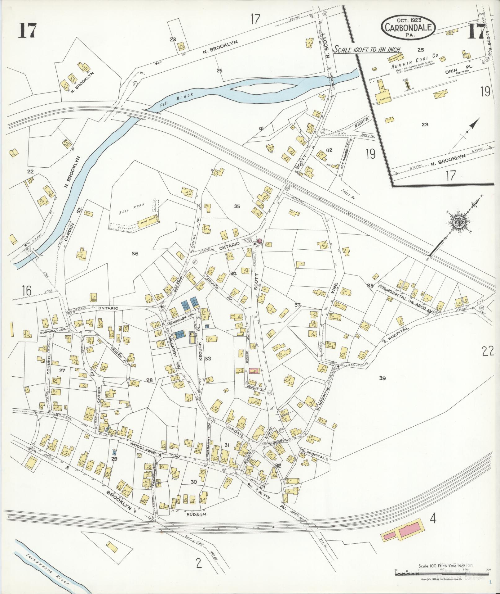 Sanborn Fire Insurance Map from Carbondale, Lackawanna County, Pennsylvania (1923), Sheet #0017 - Historic Sanborn Fire Insurance Map Print, vintage old map wall art, antique decor, genealogy gift, Pennsylvania Pennsylvania map