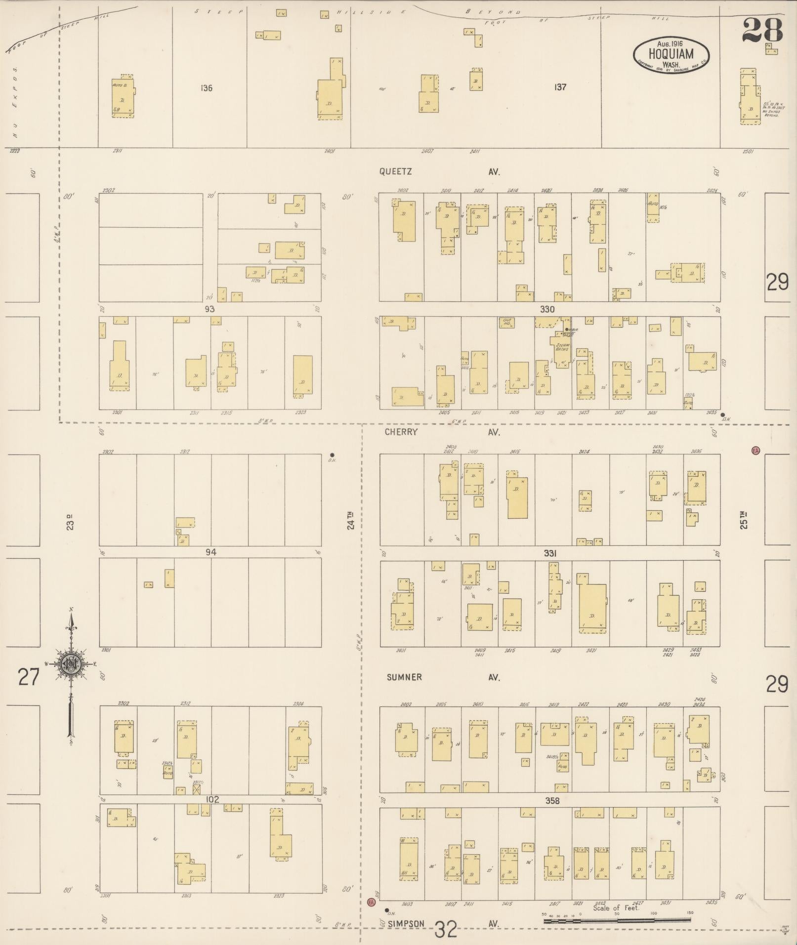 Sanborn Fire Insurance Map from Hoquiam, Grays Harbor County, Washington (1916), Sheet #0028 - Complete Map Set gallery image, historic Sanborn map, vintage wall art, Washington Washington
