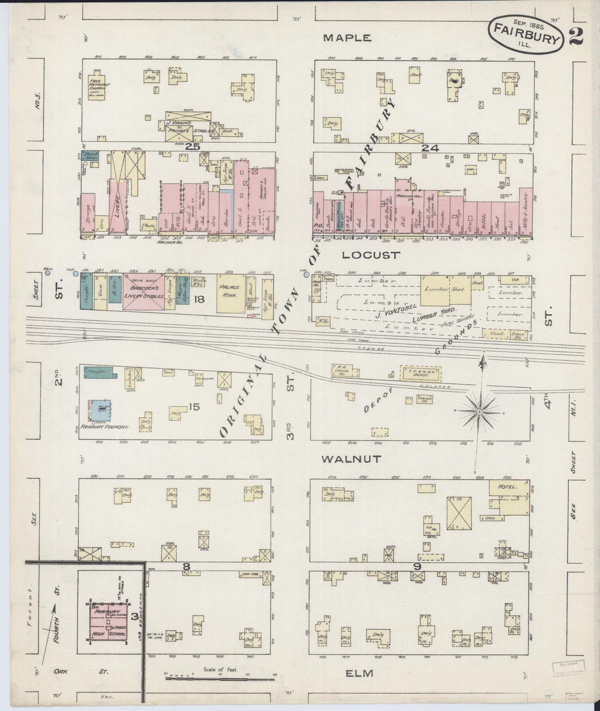 Sanborn Fire Insurance Map from Fairbury, Livingston County, Illinois (1885), Sheet #0002 - Complete Map Set gallery image, historic Sanborn map, vintage wall art, Illinois Illinois