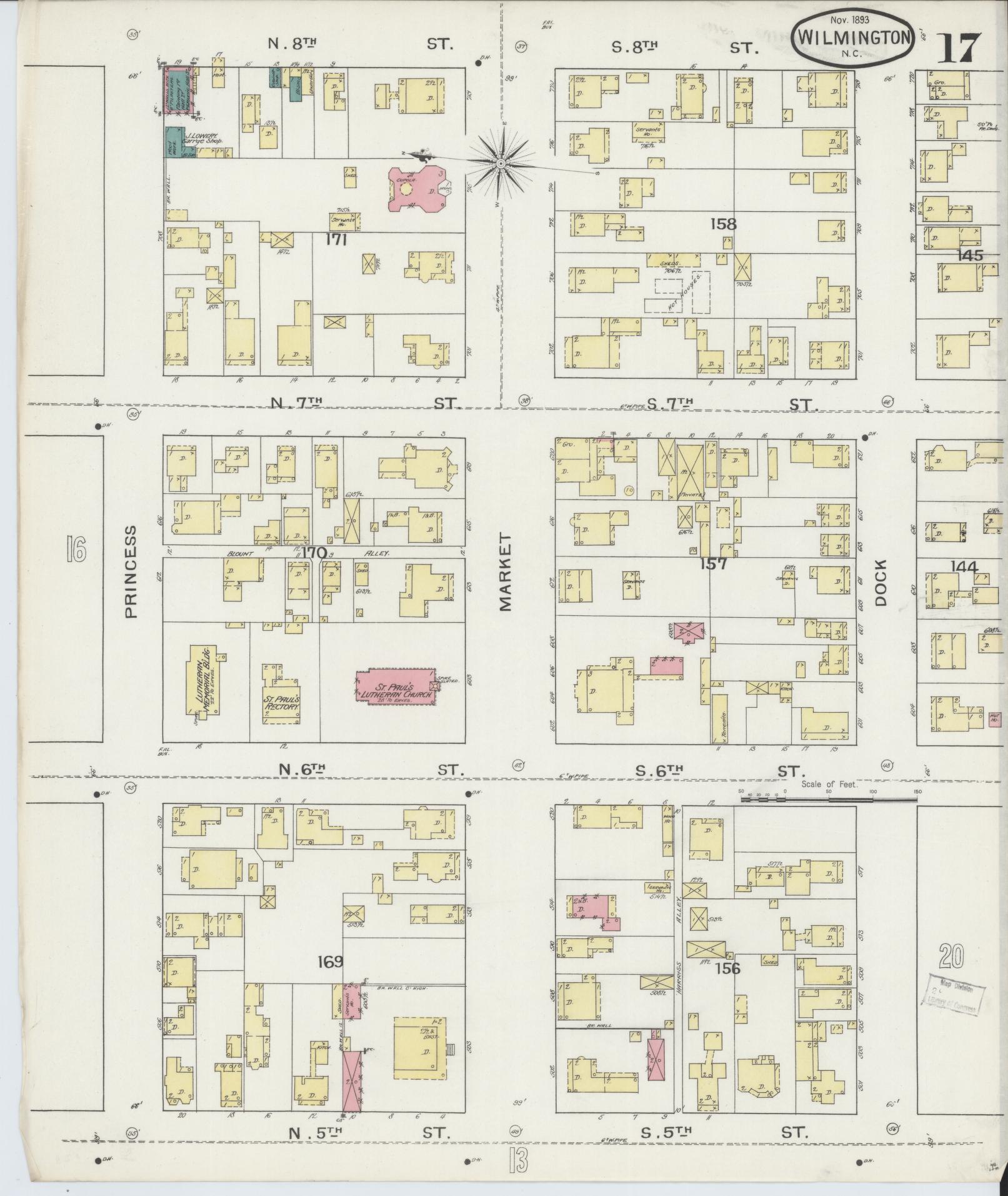 Sanborn Fire Insurance Map from Wilmington, New Hanover County, North Carolina (1893), Sheet #0017 - Historic Sanborn Fire Insurance Map Print, vintage old map wall art, antique decor, genealogy gift, North Carolina North Carolina map