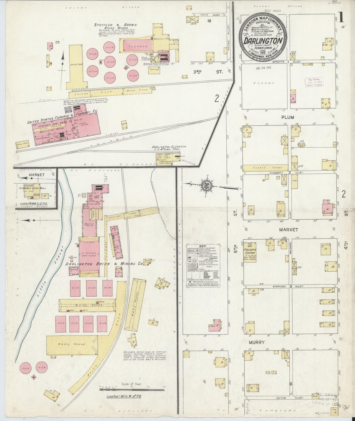 Sanborn Fire Insurance Map from Darlington, Beaver County, Pennsylvania (1912), Sheet #0001 - Complete Map Set gallery image, historic Sanborn map, vintage wall art, Pennsylvania Pennsylvania