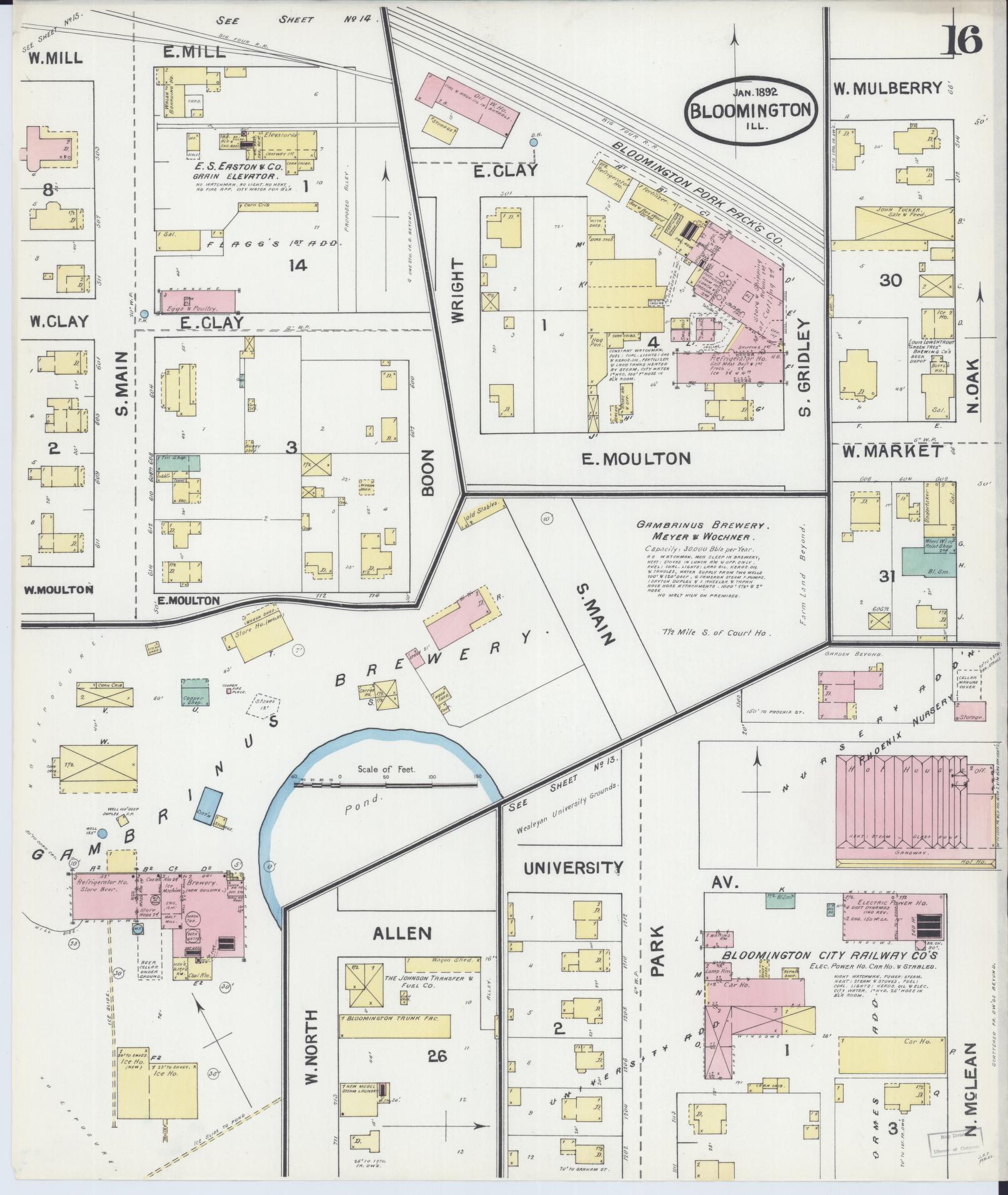 Sanborn Fire Insurance Map from Bloomington, McLean County, Illinois (1892), Sheet #0016 - Historic Sanborn Fire Insurance Map Print, vintage old map wall art, antique decor, genealogy gift, Illinois Illinois map