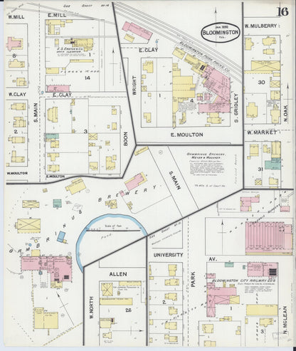 Sanborn Fire Insurance Map from Bloomington, McLean County, Illinois (1892), Sheet #0016 - Historic Sanborn Fire Insurance Map Print, vintage old map wall art, antique decor, genealogy gift, Illinois Illinois map