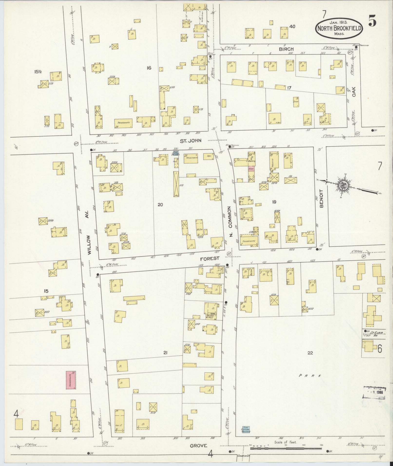 Sanborn Fire Insurance Map from North Brookfield, Worcester County, Massachusetts (1913), Sheet #0005 - Historic Sanborn Fire Insurance Map Print, vintage old map wall art, antique decor, genealogy gift, Massachusetts Massachusetts map