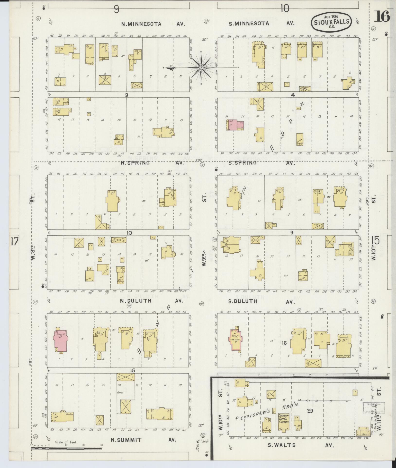 Sanborn Fire Insurance Map from Sioux Falls, Minnehaha County, South Dakota (1896), Sheet #0016 - Historic Sanborn Fire Insurance Map Print, vintage old map wall art, antique decor, genealogy gift, South Dakota South Dakota map