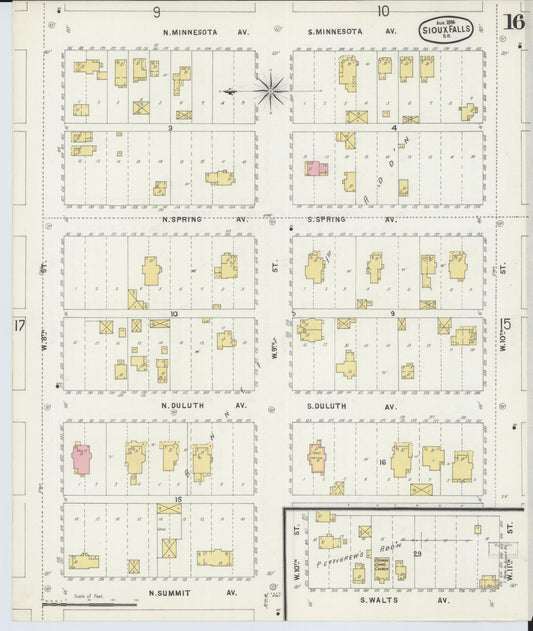 Sanborn Fire Insurance Map from Sioux Falls, Minnehaha County, South Dakota (1896), Sheet #0016 - Historic Sanborn Fire Insurance Map Print, vintage old map wall art, antique decor, genealogy gift, South Dakota South Dakota map