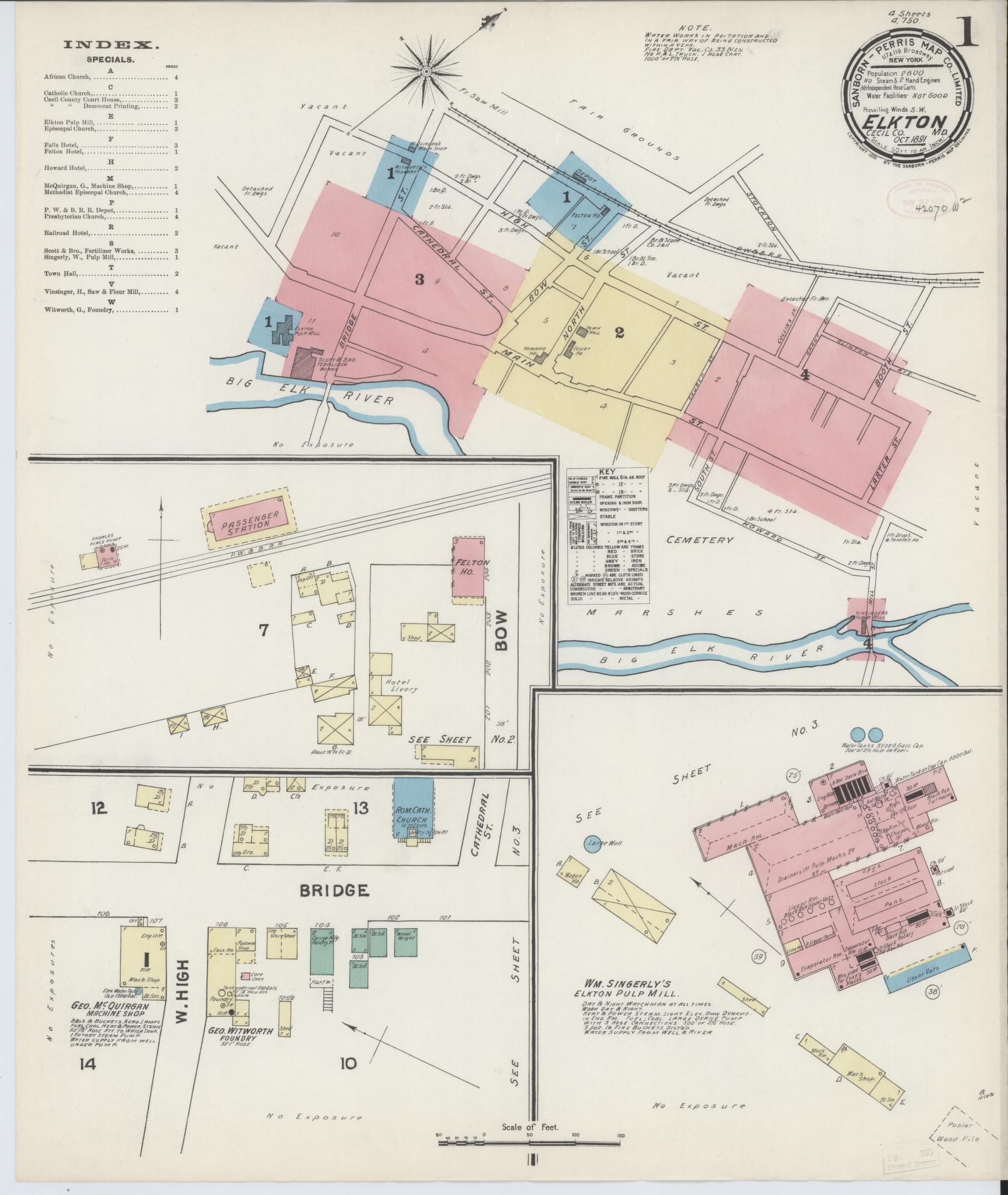 Complete Set - Cecil, Maryland - 1891 - Sanborn Fire Insurance Map (All Sheets) - Complete Set of 4 Sanborn map sheets