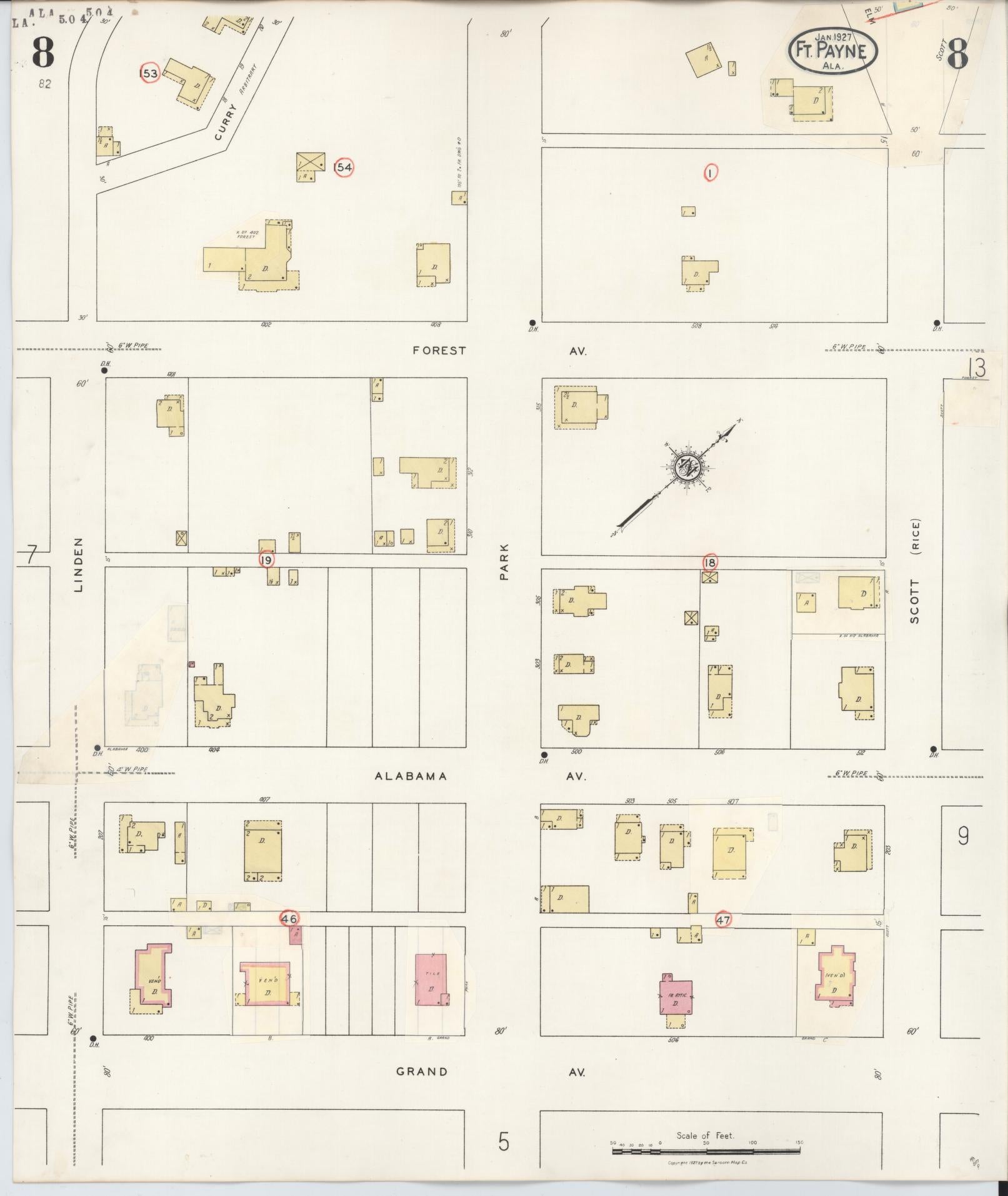 Sanborn Fire Insurance Map from Fort Payne, Dekalb County, Alabama (1935), Sheet #0008 - Complete Map Set gallery image, historic Sanborn map, vintage wall art, Alabama Alabama
