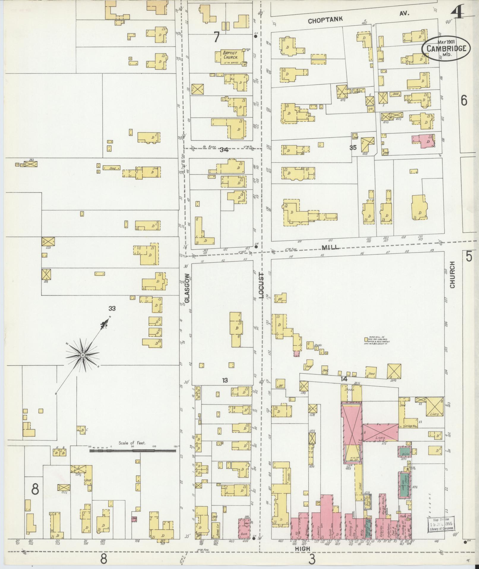 Dorchester, Maryland - 1901 - Sanborn Fire Insurance Map, Sheet #0004 - Historic Sanborn Fire Insurance Map Print, Dorchester Maryland 1901 0004 vintage old map wall art