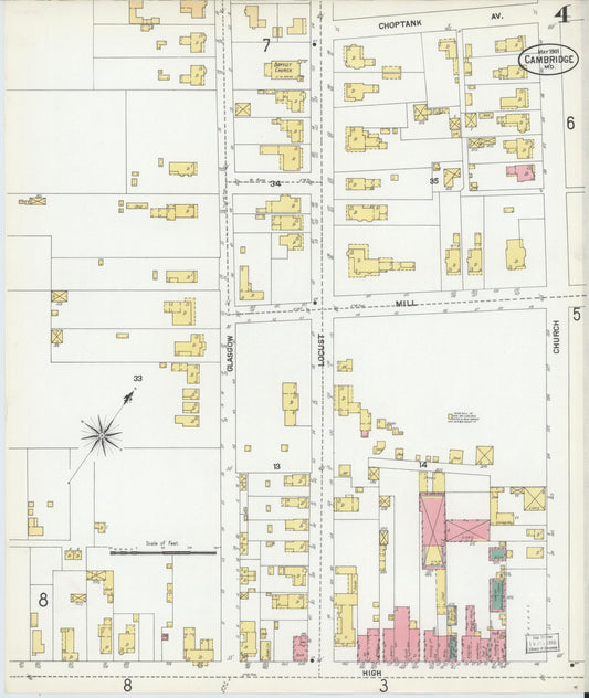 Dorchester, Maryland - 1901 - Sanborn Fire Insurance Map, Sheet #0004 - Historic Sanborn Fire Insurance Map Print, Dorchester Maryland 1901 0004 vintage old map wall art