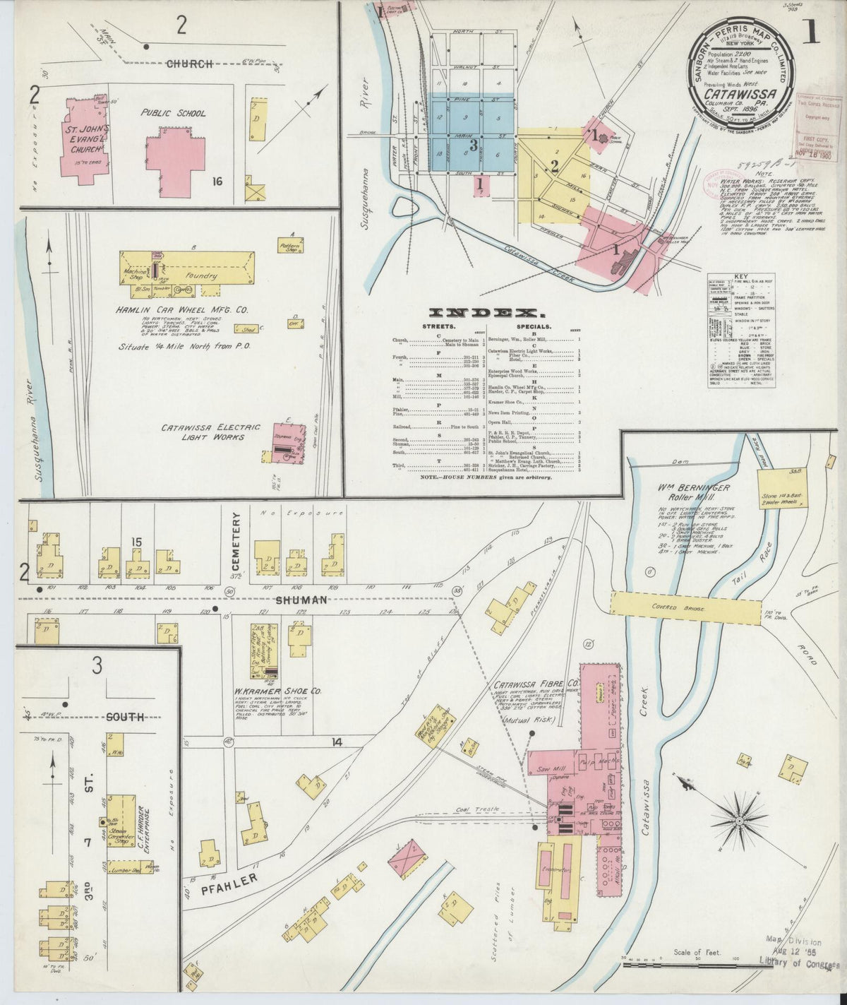 Sanborn Fire Insurance Map from Catawissa, Columbia County, Pennsylvania (1896), Sheet #0001 - Complete Map Set gallery image, historic Sanborn map, vintage wall art, Pennsylvania Pennsylvania