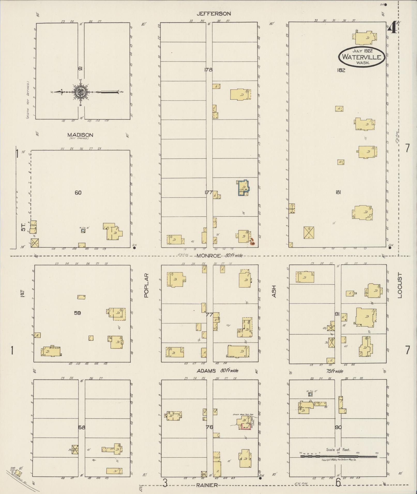 Sanborn Fire Insurance Map from Waterville, Douglas County, Washington (1922), Sheet #0004 - Complete Map Set gallery image, historic Sanborn map, vintage wall art, Washington Washington