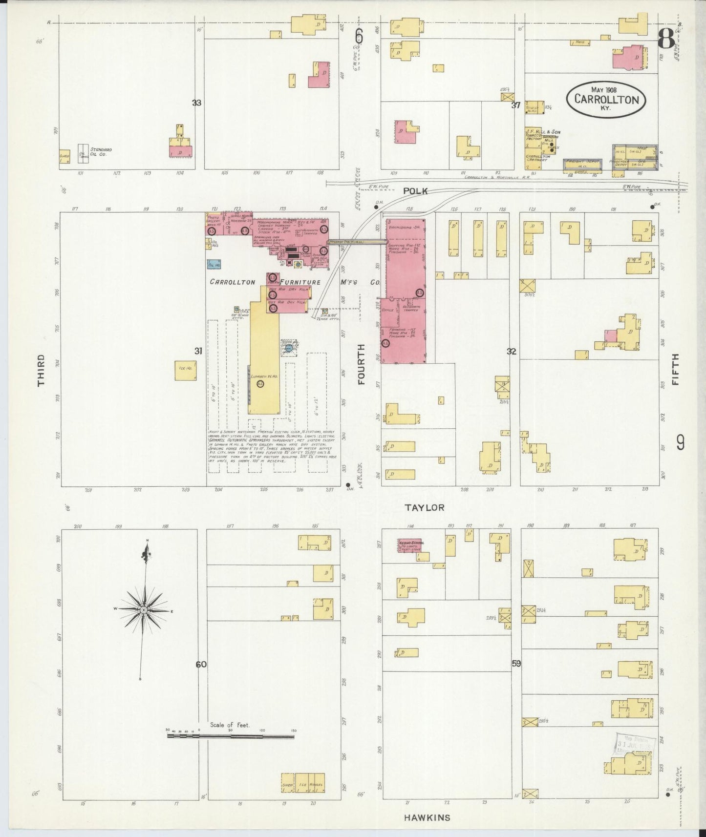 Sanborn Fire Insurance Map from Carrollton, Carroll County, Kentucky (1908), Sheet #0008 - Complete Map Set gallery image, historic Sanborn map, vintage wall art, Kentucky Kentucky