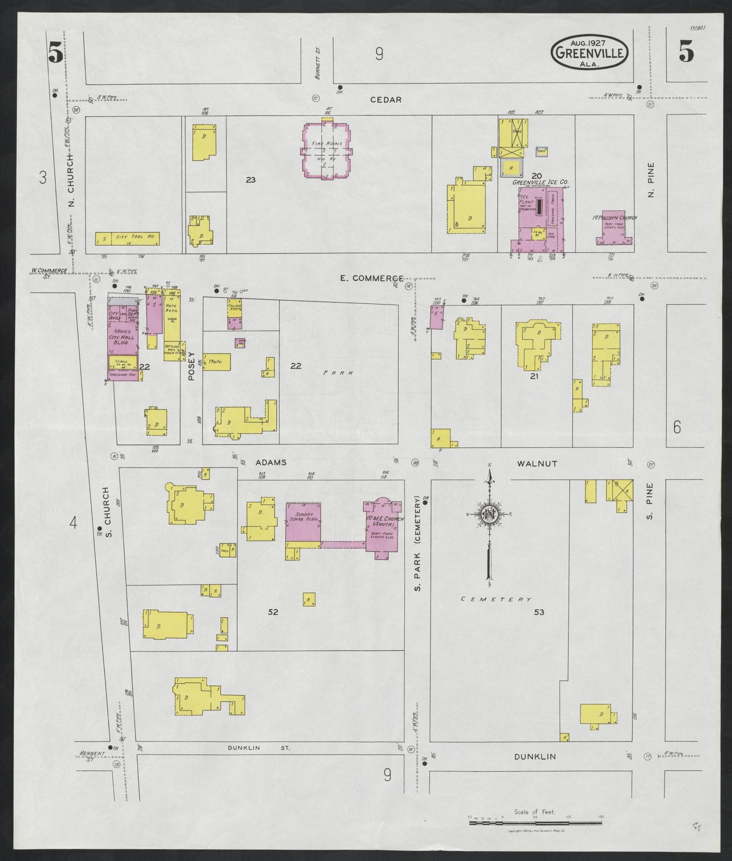 Sanborn Fire Insurance Map from Greenville, Butler County, Alabama (1927), Sheet #0005 - Historic Sanborn Fire Insurance Map Print, vintage old map wall art, antique decor, genealogy gift, Alabama Alabama map