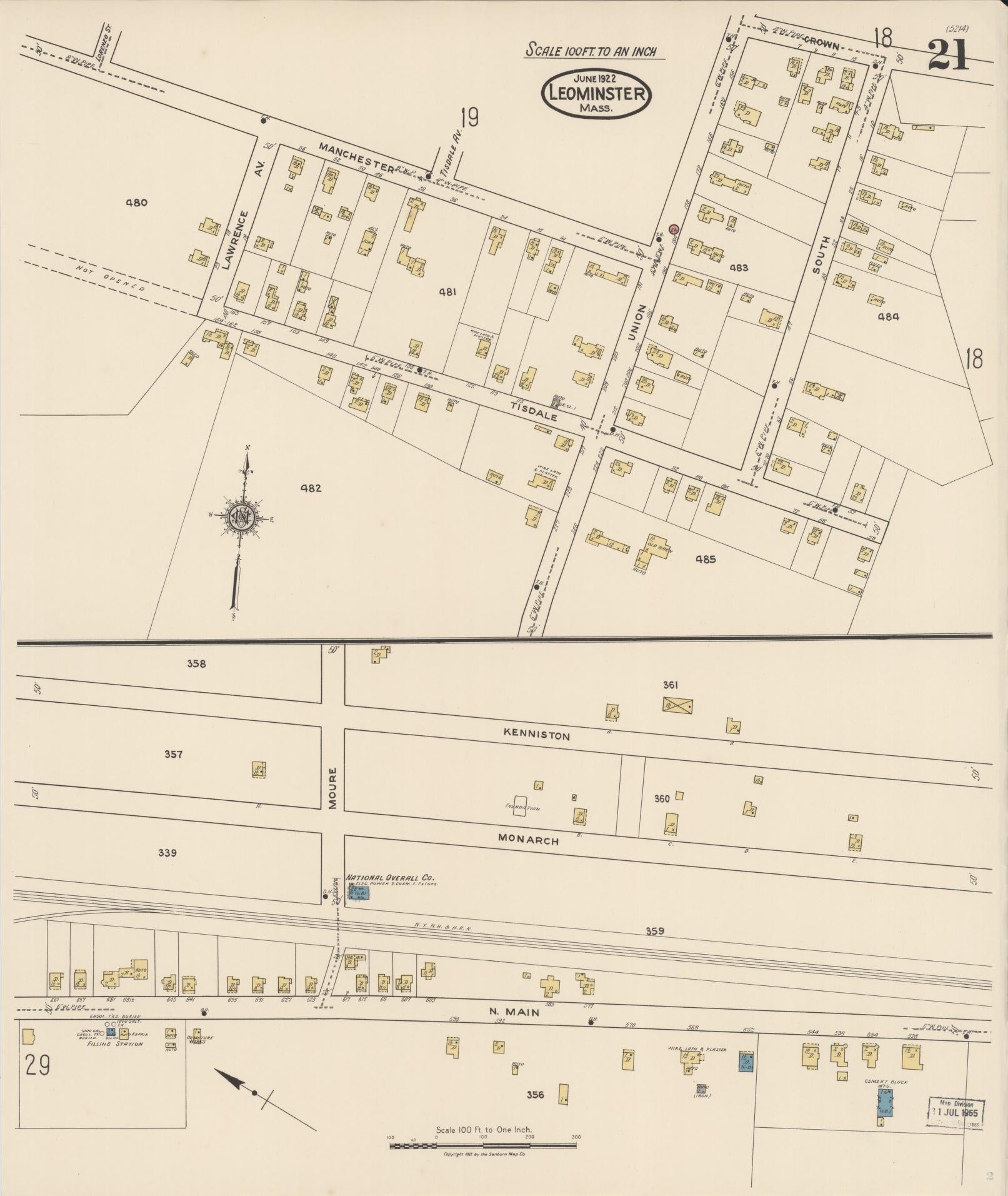 Sanborn Fire Insurance Map from Leominster, Worcester County, Massachusetts (1922), Sheet #0021 - Complete Map Set gallery image, historic Sanborn map, vintage wall art, Massachusetts Massachusetts