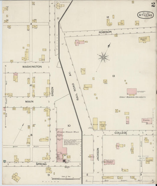 Sanborn Fire Insurance Map from Athens, McMinn County, Tennessee (1887), Sheet #0002 - Historic Sanborn Fire Insurance Map Print, vintage old map wall art, antique decor, genealogy gift, Tennessee Tennessee map