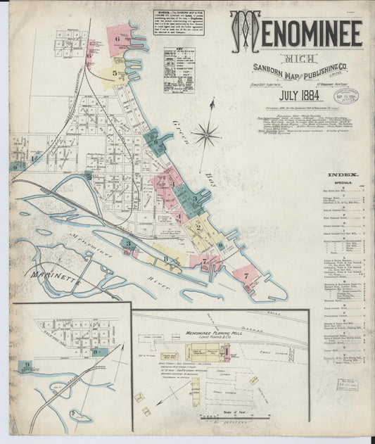 Sanborn Fire Insurance Map from Menominee, Menominee County, Michigan (1884), Sheet #0001 - Historic Sanborn Fire Insurance Map Print, vintage old map wall art, antique decor, genealogy gift, Michigan Michigan map