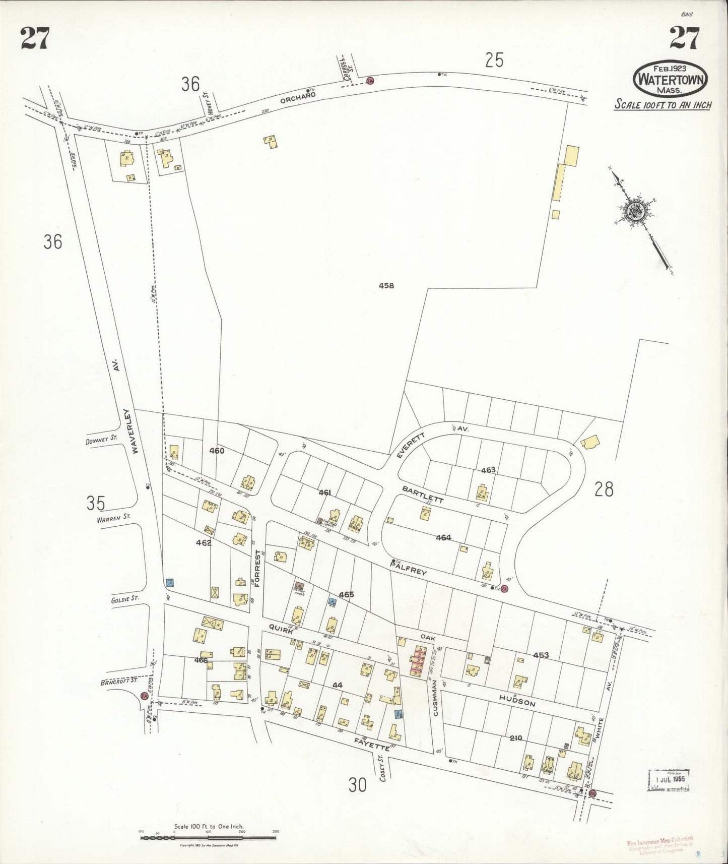 Sanborn Fire Insurance Map from Watertown, Middlesex County, Massachusetts (1923), Sheet #0027 - Complete Map Set gallery image, historic Sanborn map, vintage wall art, Massachusetts Massachusetts