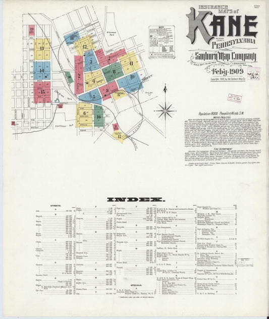 Sanborn Fire Insurance Map from Kane, McKean County, Pennsylvania (1909), Sheet #0001 - Historic Sanborn Fire Insurance Map Print, vintage old map wall art, antique decor, genealogy gift, Pennsylvania Pennsylvania map