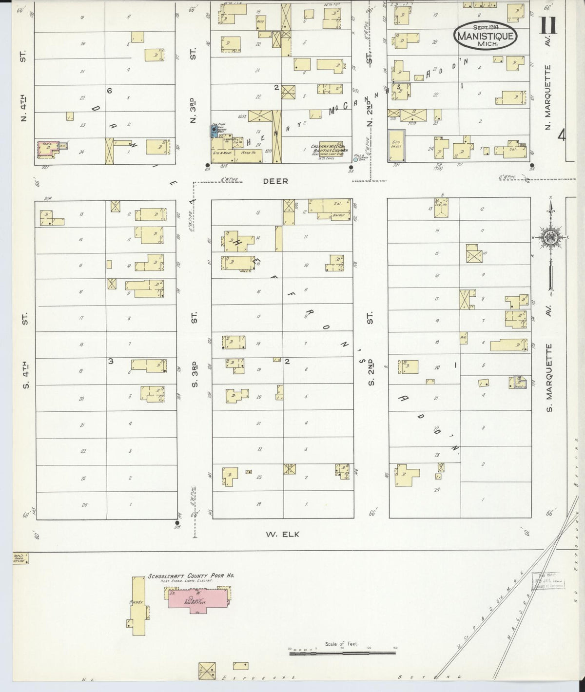 Sanborn Fire Insurance Map from Manistique, Schoolcraft County, Michigan (1914), Sheet #0011 - Historic Sanborn Fire Insurance Map Print, vintage old map wall art, antique decor, genealogy gift, Michigan Michigan map
