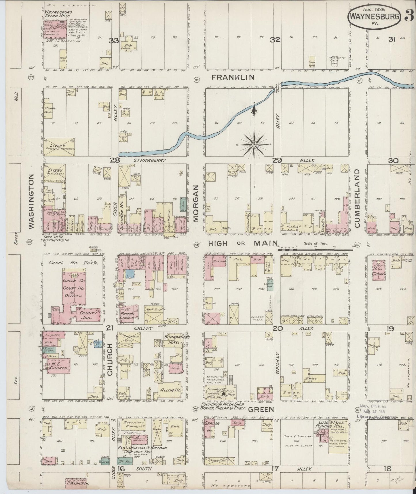 Sanborn Fire Insurance Map from Waynesburg, Greene County, Pennsylvania (1886), Sheet #0003 - Historic Sanborn Fire Insurance Map Print, vintage old map wall art, antique decor, genealogy gift, Pennsylvania Pennsylvania map