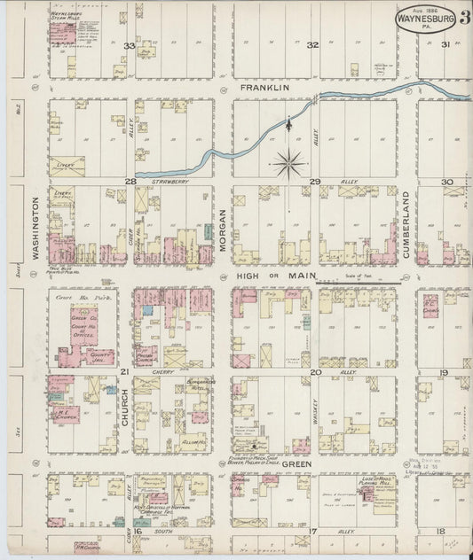 Sanborn Fire Insurance Map from Waynesburg, Greene County, Pennsylvania (1886), Sheet #0003 - Historic Sanborn Fire Insurance Map Print, vintage old map wall art, antique decor, genealogy gift, Pennsylvania Pennsylvania map