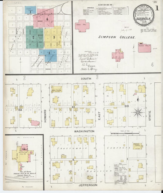 Sanborn Fire Insurance Map from Indianola, Warren County, Iowa (1893), Sheet #0001 - Historic Sanborn Fire Insurance Map Print, vintage old map wall art